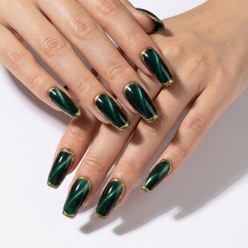 Dark Emerald Green Cat Eye Gold Border Press-On Nails, Glossy Long Coffin Reusable Fake Nails, Luxury Vintage Elegant Press On Nails For Women