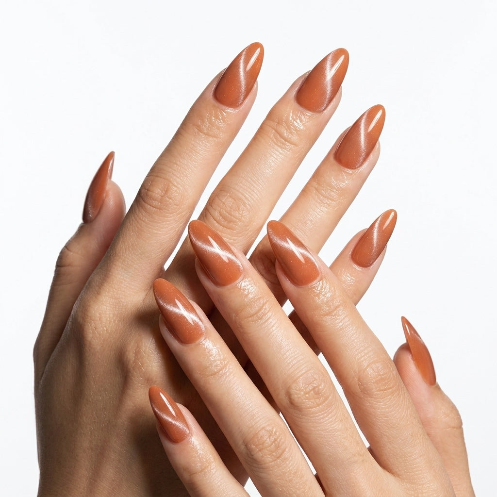 Caramel Orange Cat Eye Stiletto Press-On Nails, Solid Shimmer Reusable Fake Nails, Fall Daily Elegant Press On Nails For Women