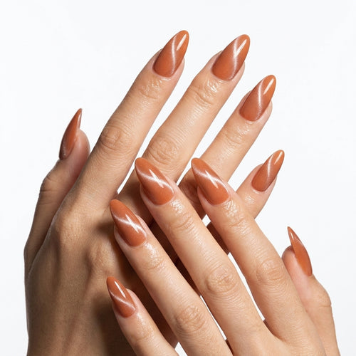 Caramel Orange Cat Eye Stiletto Press-On Nails, Solid Shimmer Reusable Fake Nails, Fall Daily Elegant Press On Nails For Women