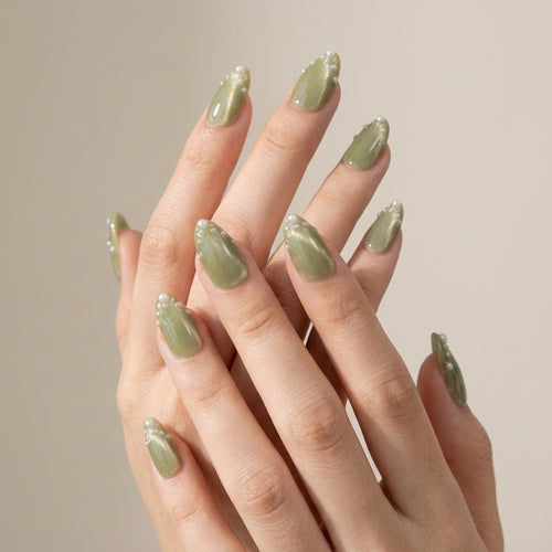 Handmade Sage Green Pearl Cat Eye Press On Nails Medium Almond Reusable Fake Nails