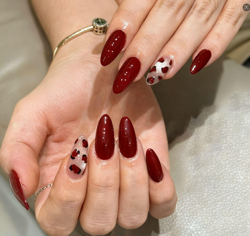 Y2K Wine Red Heart & Leopard Press-On Nails | Sheer Nude