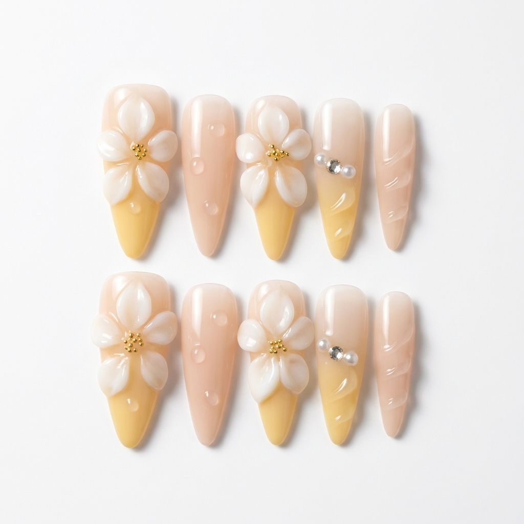 3D Plumeria Flower Press-On Nails | Yellow Gradient & Pearl