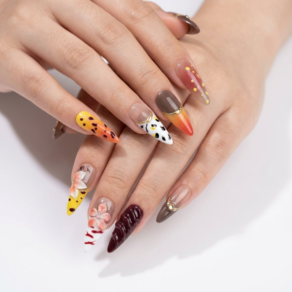 Y2K 3D Flower & Animal Print Press-Ons | Retro Leopard
