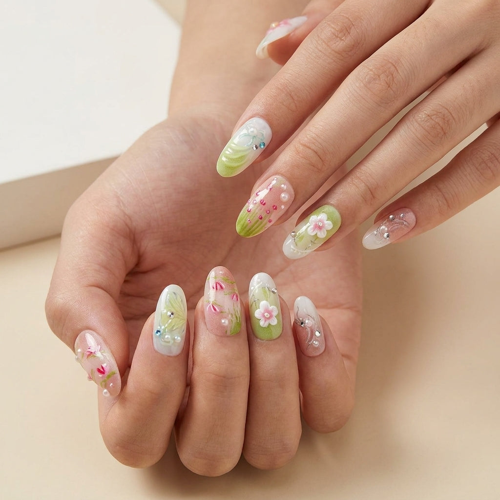 Luxury Hand-Painted 3D Flower Garden Press-On Nails, Handmade Green Pink Floral Fake Nails, Reusable High-End Designer Press Ons for Women, Romantic Spring Chic False Nails for Daily & Wedding Wear