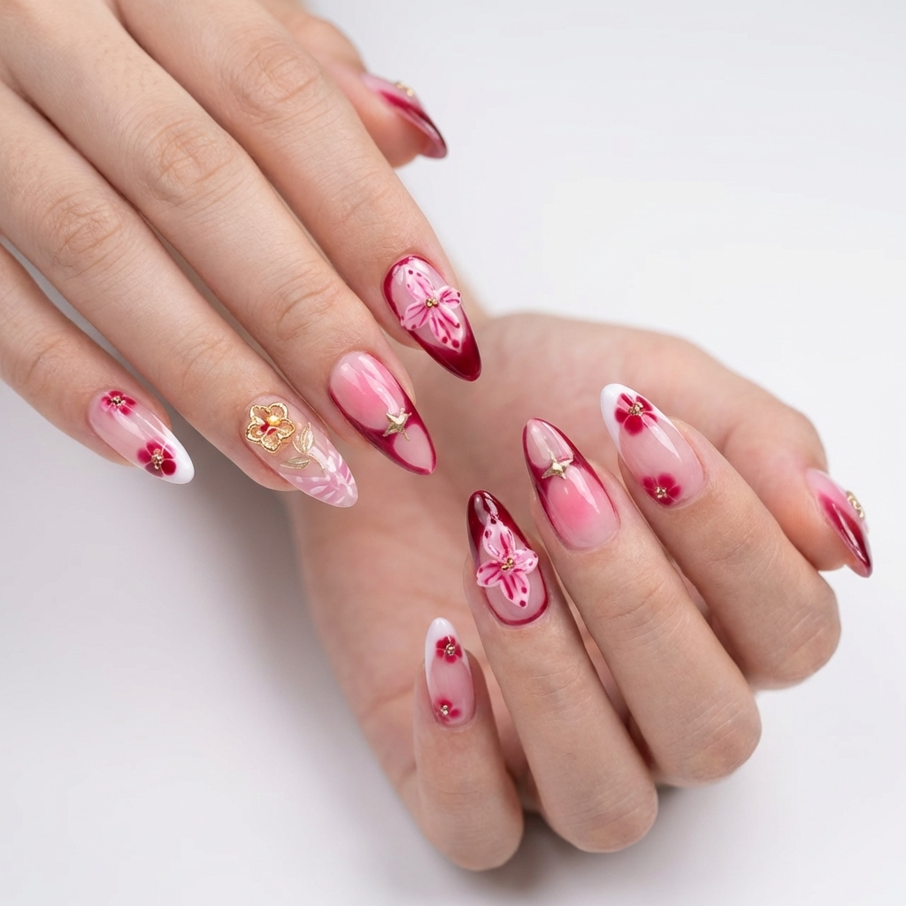Vintage Red Sakura Press-On Nails | Nude Pink & Gold Star