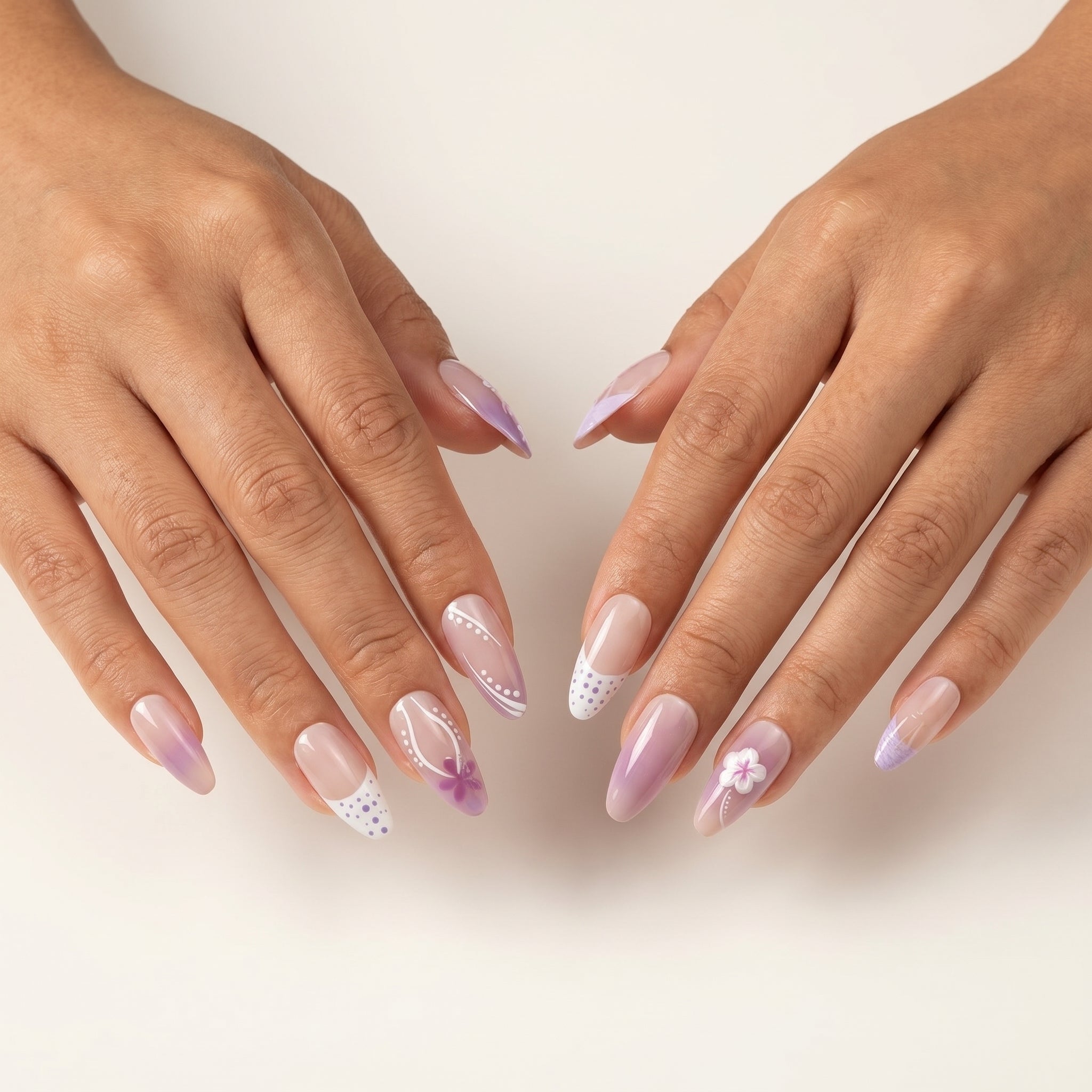 Soft Lavender Floral Press-On Nails | Nude French Gradient